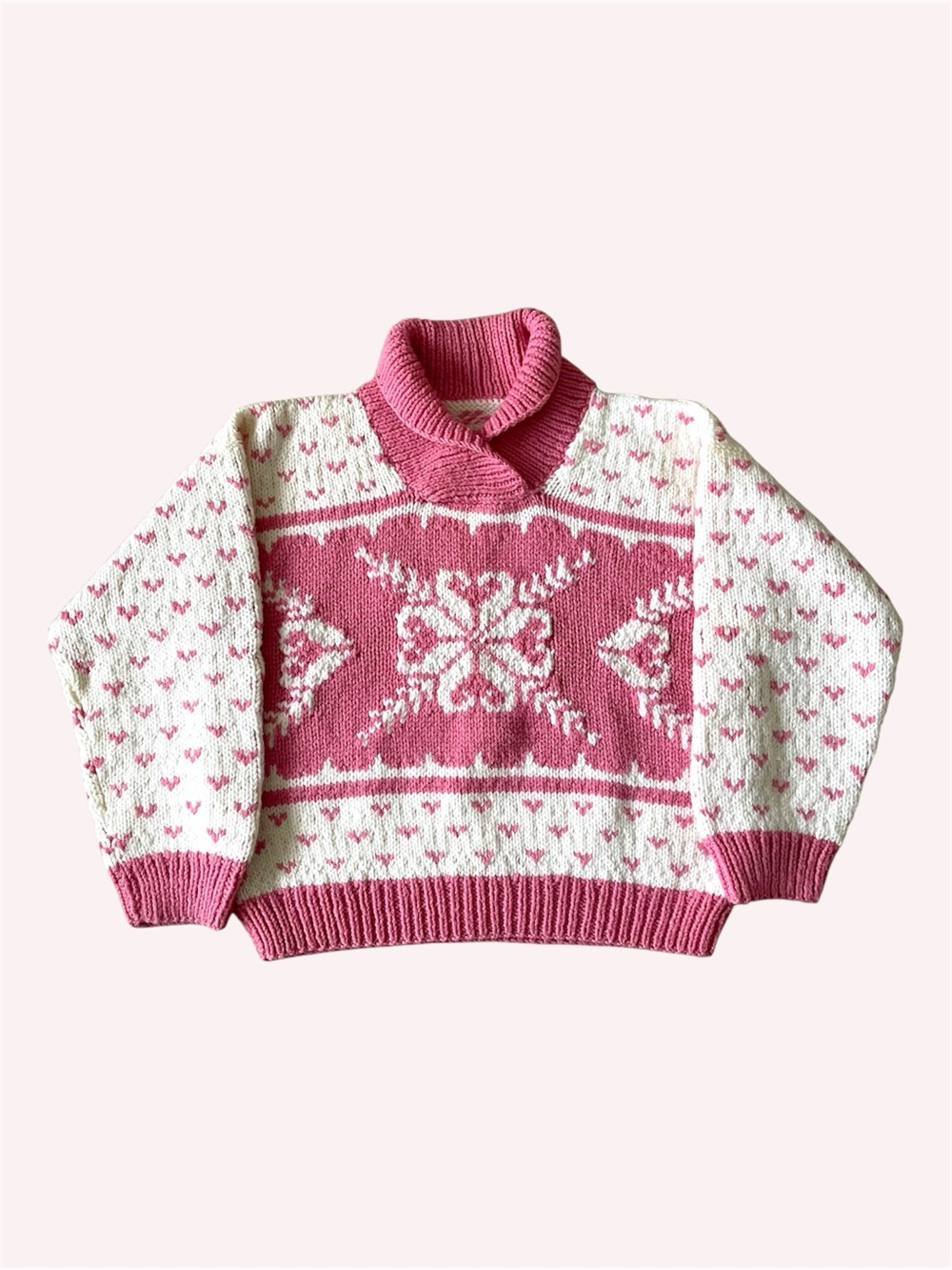 Hand Knit Pink Cream Sweater Heart Motifs Fair Isle Shawl Collar Cottagecore